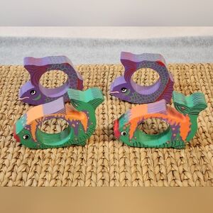 Pier One‎ Set Of 4 Napkin Rings Tropical Fish Wood Bright Colors
